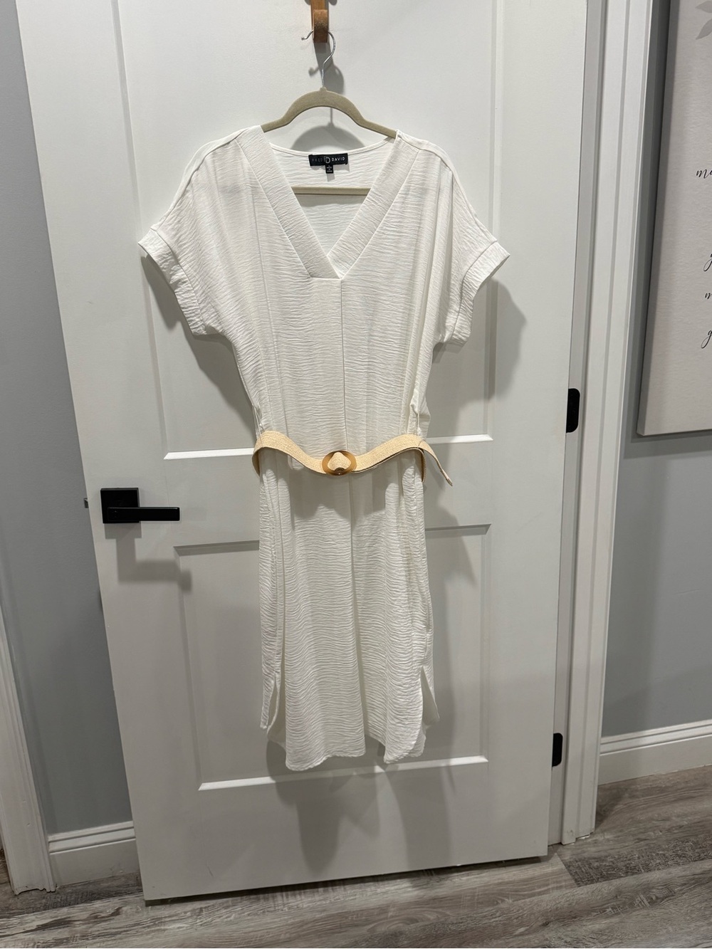 Fred David White V-Neck Midi Dress with Straw Elastic Beige Belt